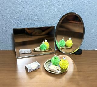 Vtg Miniature Dollhouse Glass Mirrors: Oval & Double - Sided Square Mirrors 3 "