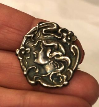 Vtg Antique Sterling Silver Art Deco Nouveau Lady Brooch Pin Woman And Flowers