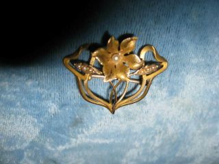 Antique Art Nouveau Or Victorian 14k Gold And Seed Pearl Flower Brooch