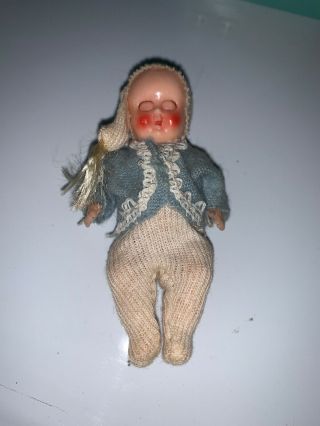 Vintage Dollhouse Miniature Tiny Baby Doll In Blue Open Close Eyes
