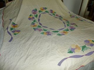 Antique Vintage Pansy Applique Quilt Hand Made 90 " X 79 " Light Weight Purple