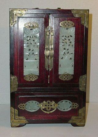 Antique Vintage Shanghai Wood Jewelry Box W/carved Jade & Brass Accents Orig.