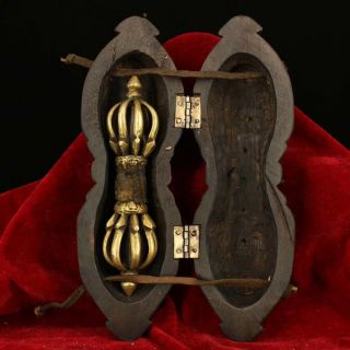 Rare Old Tibetan Buddhist Supplies Bronze Demon Pestle Bell Faqi Wood Box Ae01b