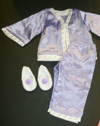 Retired American Girl Nellie Satin Pajamas & Slipper W/ Lavender Pom Poms