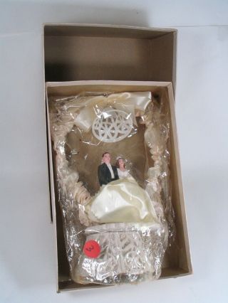 Bride & Groom Cake Topper,  Vintage 1940s,  Plaster W/satin & Lace Trim