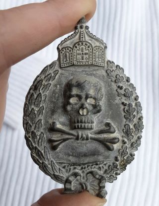 Antique Ww1 Era German Death Head Screw Back Pin Badge.  Skull Pendant.  Crown.