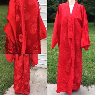 Vintage Bright Red Chinese Oriental Silk Cheongsam Kimono Robe Asian Symbols L