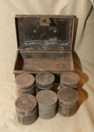 Primitive Antique Japaned Finish Tin Spice Box w 6 Spice Tins Swing Handle 2
