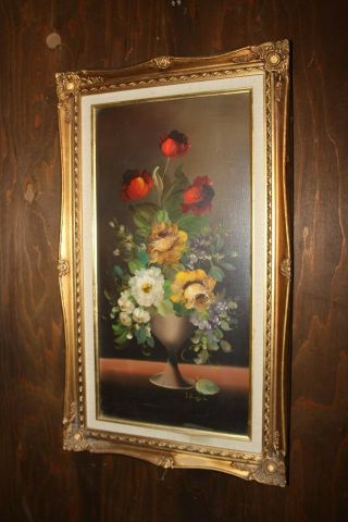 Vtg Oil Painting On Canvas " Flowers In A Vase " Victorian Style Wood Frame,  Signed