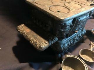 Antique Crescent Cast Iron Stove Salesman Sample Pots Pans Bucket MINI 3