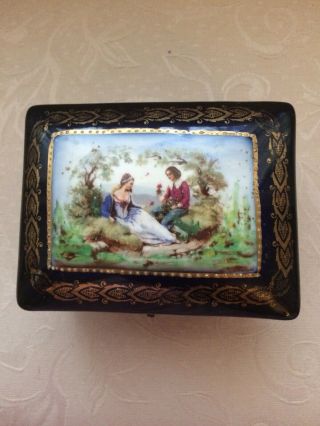 Antique French Hand Painted Trinket Box.  Hinged.  Porcelain.  C.  1850 - 1899