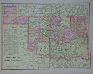1901 Oklahoma & Indian Territory Antique Color Atlas Map.  118 Yrs Old