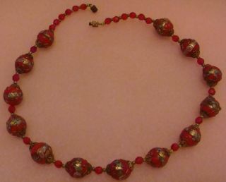 Vintage Venetian Murano Wedding Cake Glass Bead Necklace Rare Red Wedding Beads