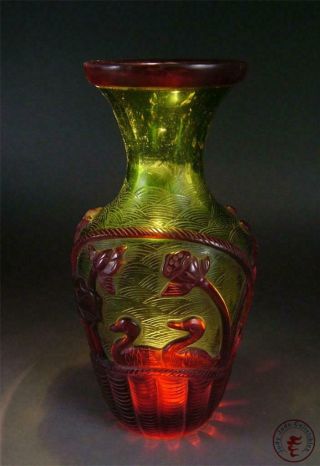 Fine Old Chinese Peking Glass Made Bottle Vase Pot Statue mandarin ducks,  lotus 3