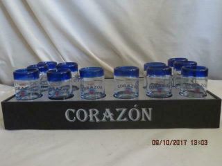 Corazon De Agave Tequila 12 Shot Glasses And Corazon Shot Tray Set Rare