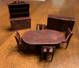 Vintage Marx Dollhouse Furniture 7 Piece Dining Room Set - Brown - Table 3” X 1 - 5/8”