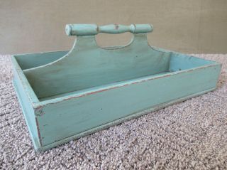 Antique Knife Tray Cutlery Box Utensil Vtg Primitive Hardwood,  Worn Blue Paint