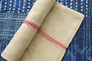 Antique European Hemp Grain Sack Red Stripes Multiple Available