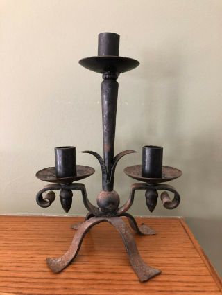 Antique Cast Iron 3 Candle Candlestick Candelabra Holder - Gothic Medieval