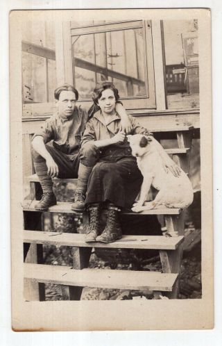 Antique Real Photo Post Card Woodsy Rustic Couple With A Bull Terrier Dog