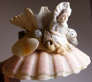 Vintage Antique Victorian Sea Shell Art Seashells Baby Doll Girl Figurine Beach