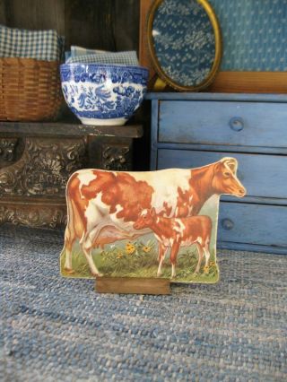 Antique Cardboard Farm Animal Wood Stand Guernsey Cow & Calf