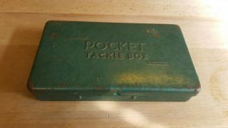 Vintage Green Metal Pocket Tackle Box - W/ Divider Inside - 6 1/2 " X 3 1/2 " X 1 "