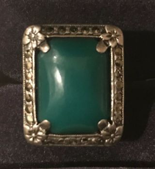 Antique Art Deco Sterling Silver Green Onyx Marcasite Ring Size 4.  75