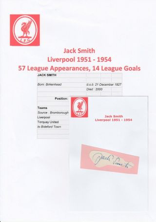 Jack Smith Liverpool 1951 - 1954 Rare Hand Signed Cutting/card