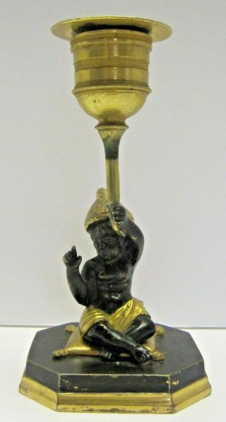Antique 19th C Small Bronze Brass Cherub Chamberstick Candle Holder