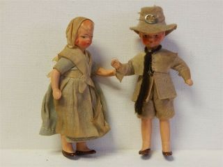 Two 4 " Antique Bisque Doll House Dolls Boy And Girl Pilgrims W/original Clothes