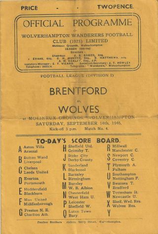 Football Programme Ultra Rare Wolves Wolverhampton Wanderers V Brentford 1946