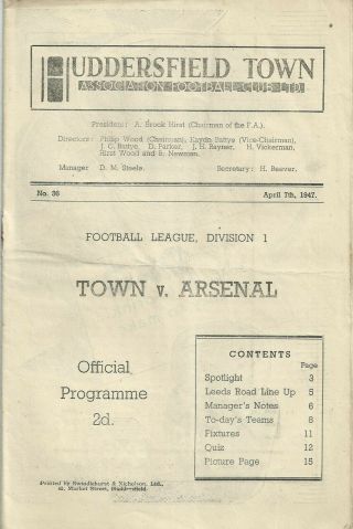 Football Programme Rare Huddersfield Town V Arsenal 1947