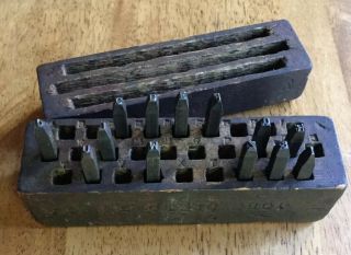 Antique Vtg Metal Die Punch Letter Alphabet Stamp Kit Wood Box Incomplete Set