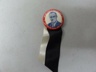 Old Rare Vintage Political Pinback Button Franklin Delano Roosevelt With Ribbon