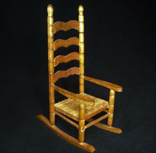 Vtg.  Miniature Rocking Chair Wooden Ladder Back Shaker Style W Woven Wicker Seat