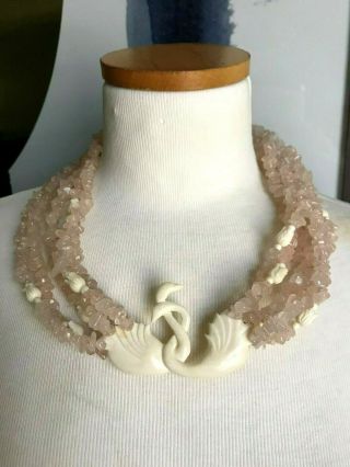 Antique Art Deco Pink Glass Bead Chunky Double Swan Necklace