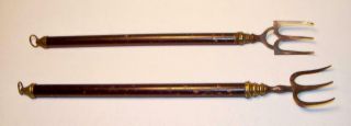 Set Of (2) Antique Brass & Wood Hearth Ware Telescoping Toasting Forks England