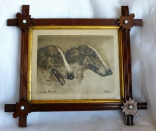 Vintage Print Irish Wolf Hounds Dogs By Kelley In Tramp Art Frame