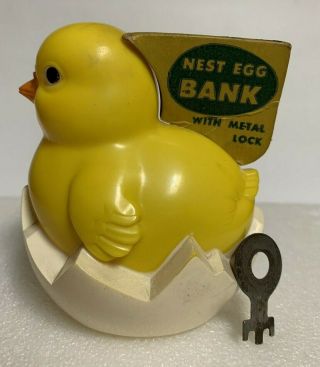 Rare Vintage Knickerbocker Plastic Baby Chick In Egg Nest Egg Bank W/key Nos