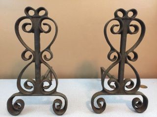 Vintage Antique Wrought Iron Andirons / Firedogs