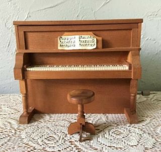 Vintage Dollhouse Miniature Wooden Upright Crank Musical Piano Stool Sheet Music