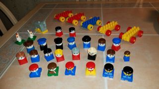 31 Vintage Lego Duplo Figures & Vehicle Bases W/wheels Grandma Dog Sailors,