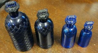 Rare Set 4 H B Company Cobalt Blue Glass Quilted Poison Bottles Small To Large