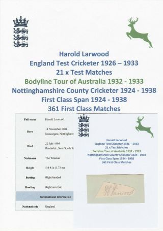 Harold Larwood England Cricketer 1926 - 1933 Bodyline Tour Rare Autograph