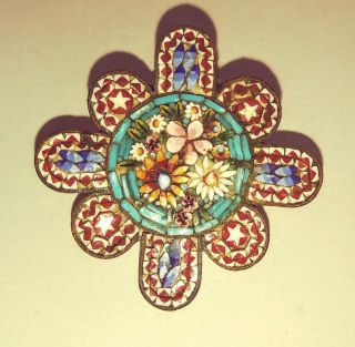 Antique Vintage Daisy Mini Micro Mosaic Brooch Pin Fine Detail Signed Vj