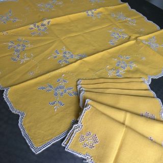 Antique Vtg Tablecloth 6 Napkin Punto Tirato Lace Italian Gold Mustard Embroider