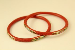 Rare Vtg Chinese Jewelry Carved Cinnabar Cloisonne Bangle Bracelet 8 " Pair Set