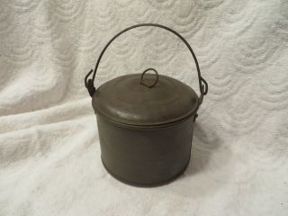 Antique Primitive Metal Tin Bucket Pail With Bale Handle And Lid Cover
