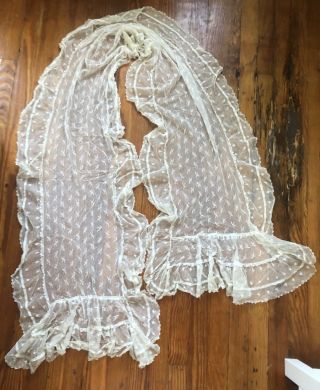 Extra Long Antique Victorian Hand Embroidered Net Lace Shawl Textile